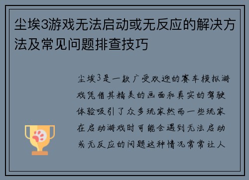 尘埃3游戏无法启动或无反应的解决方法及常见问题排查技巧